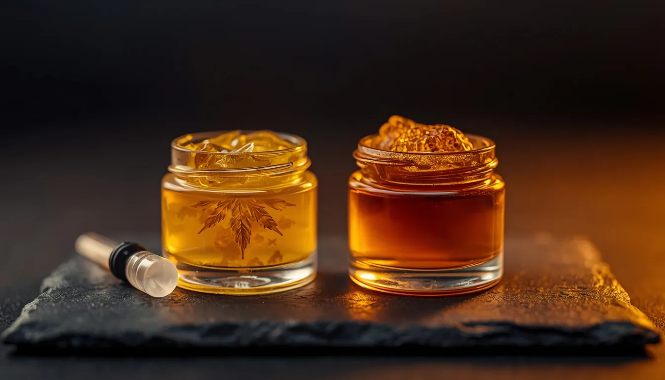 Golden live resin and amber live rosin concentrates side by side in glass jars on a dark surface