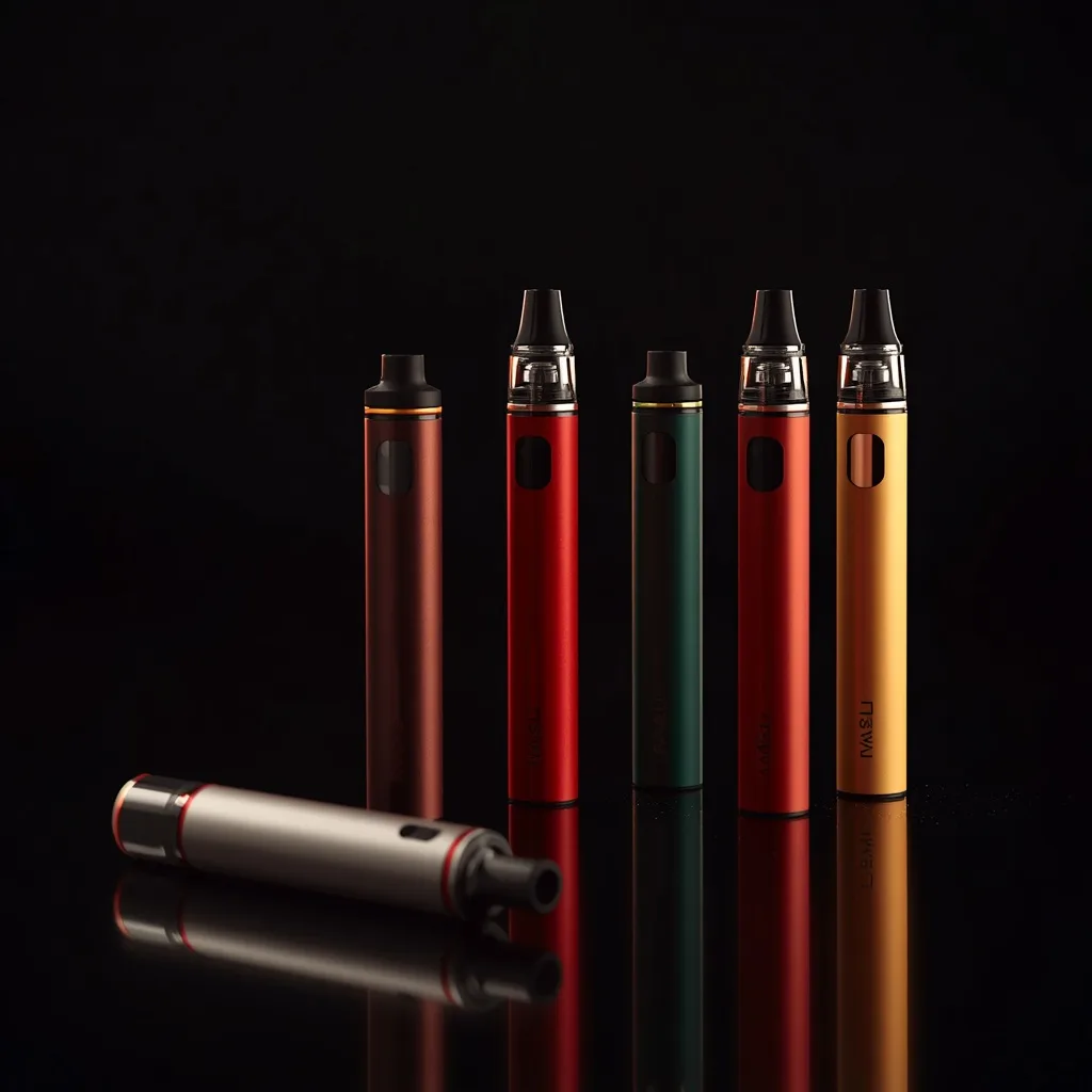 A lineup of colorful disposable vape devices on a dark surface, premium product lighting.