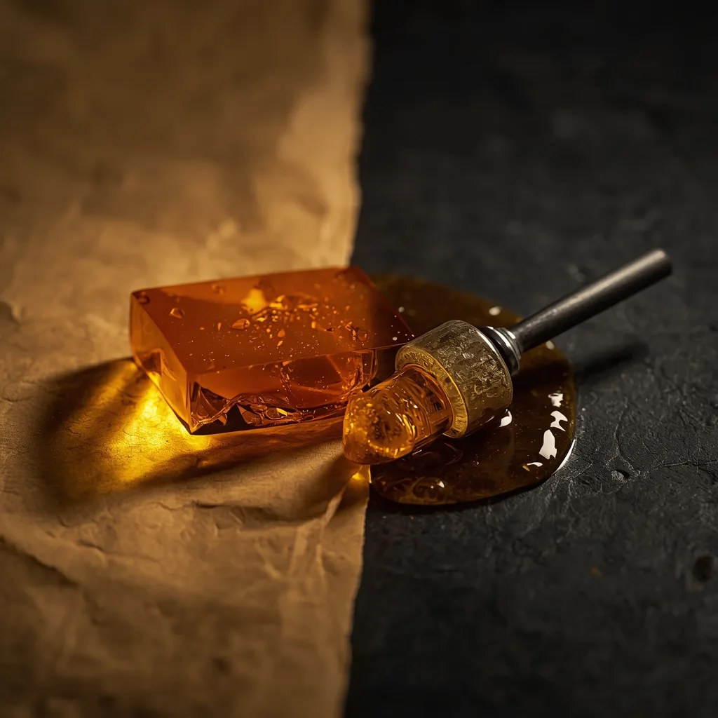 Amber shatter slab beside glossy golden live resin on a dab tool, comparing the two THCa concentrates.