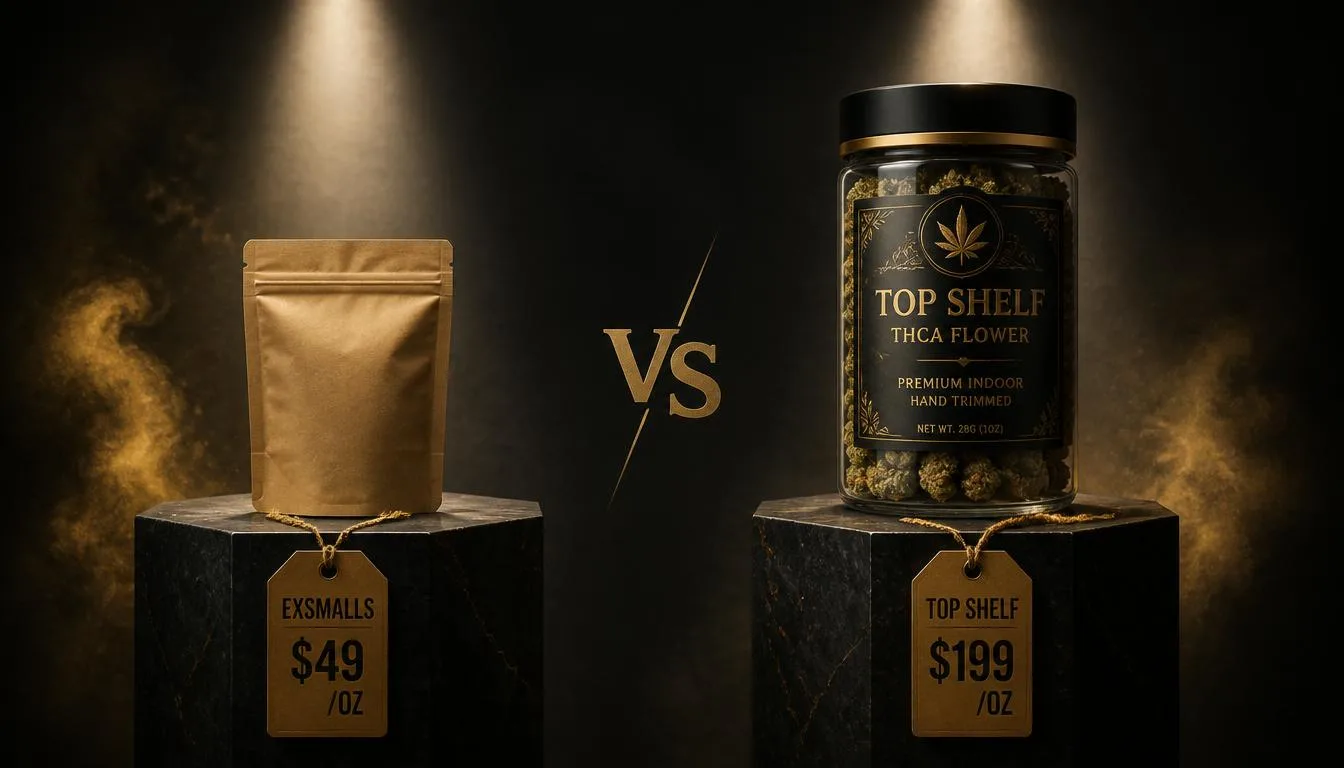 Two spotlit pedestals comparing budget smalls in a kraft pouch and a premium top-shelf THCa flower jar