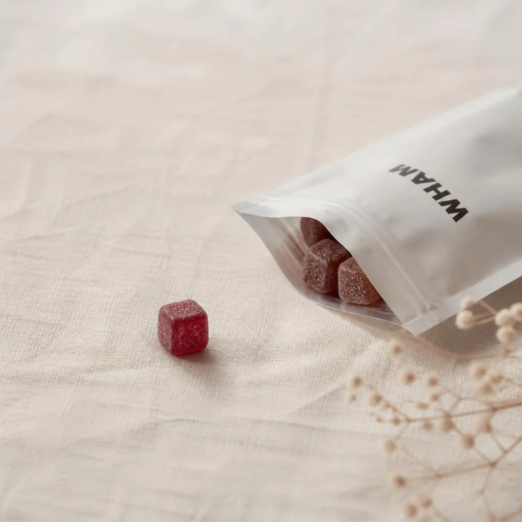 Macro overhead on pale linen: an open WHAM gummy pack with one gummy set apart from the others in sharp focus.