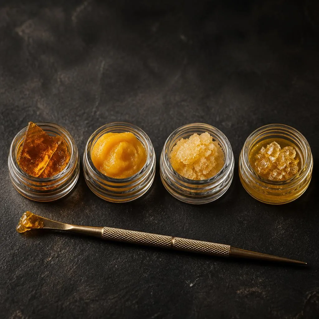 A row of THCa concentrate jars — shatter, badder, sugar, and diamonds — showing their different textures beside a dab tool.