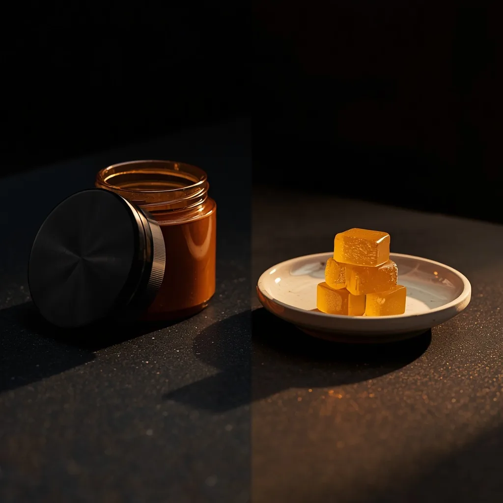 A matte-black grinder and amber jar beside a dish of glossy amber gummy cubes on a dark surface, comparing THCa flower and delta-9 gummies.
