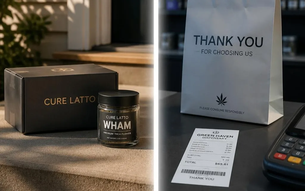 Split scene: a WHAM Cure Latto mailer box and jar delivered to a doorstep beside a dispensary bag and receipt at a counter