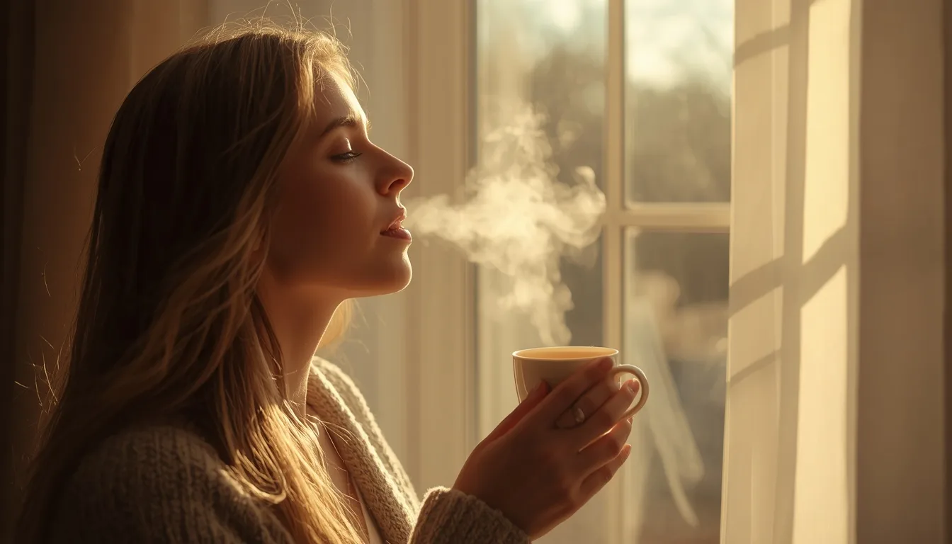 Relaxed person breathing calmly by a sunlit window with tea