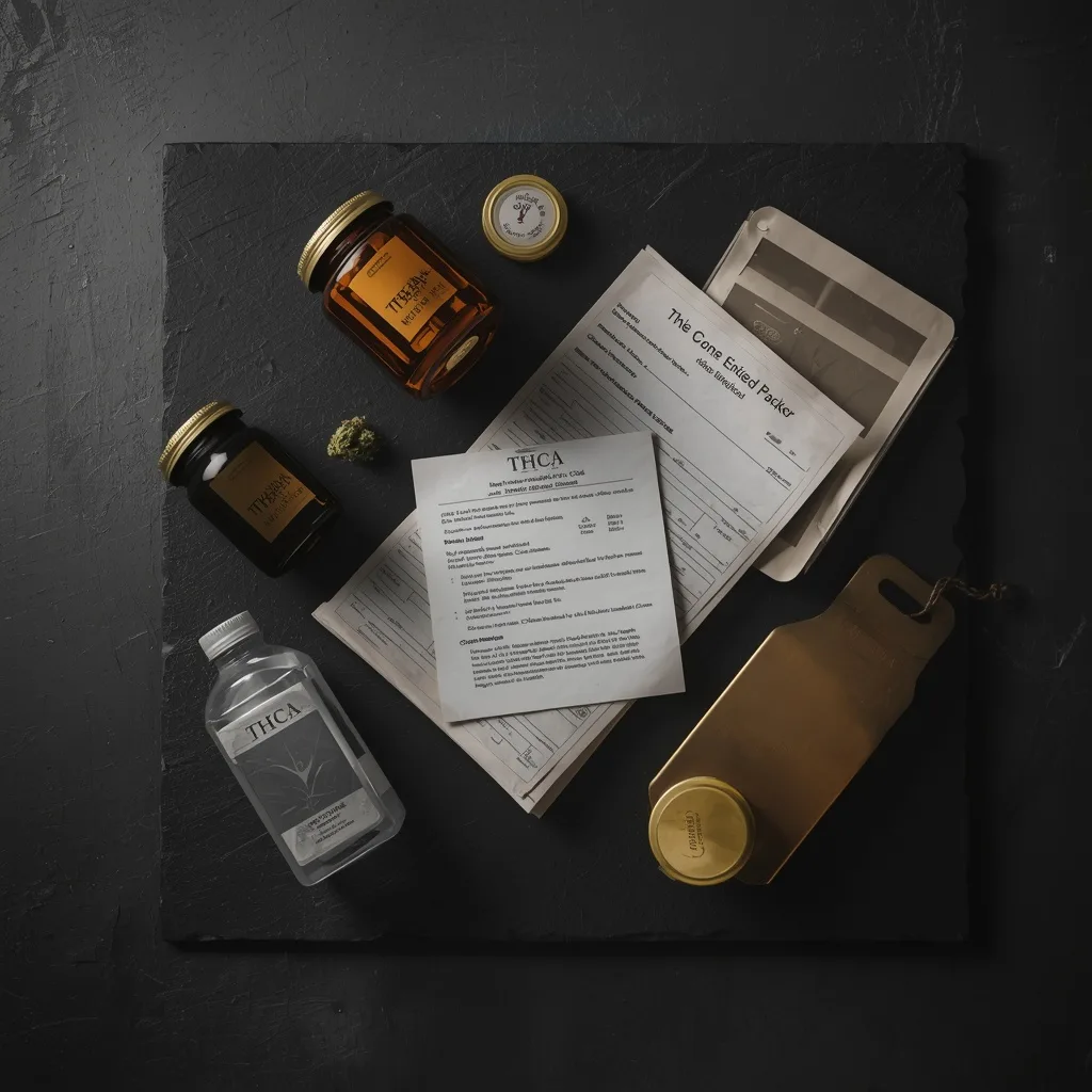Overhead flat-lay of premium amber storage jars, a humidity pack, a lab report, and a brass scale on dark slate, evoking bulk THCa buying and proper storage.