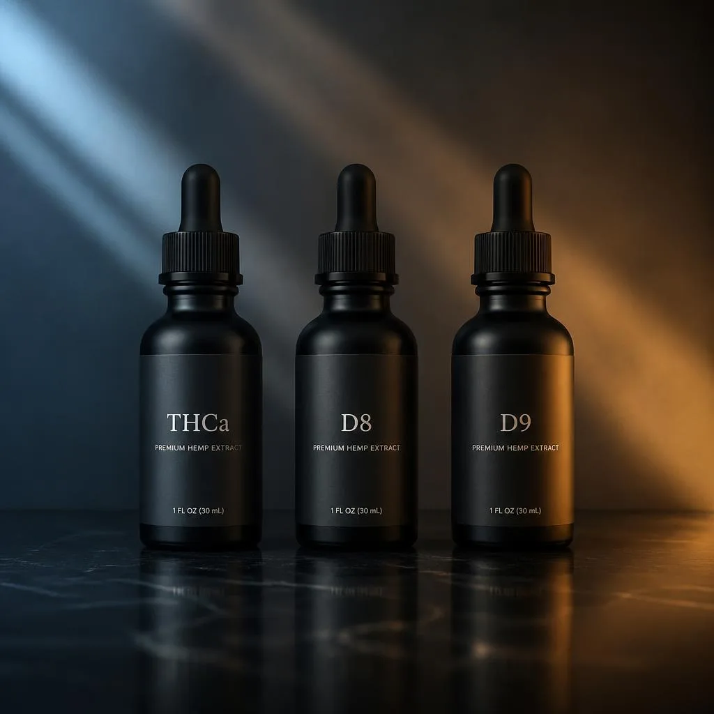 Three labeled THCa, Delta-8, and Delta-9 jars in a row under a cool-to-warm gradient, minimal cinematic composition