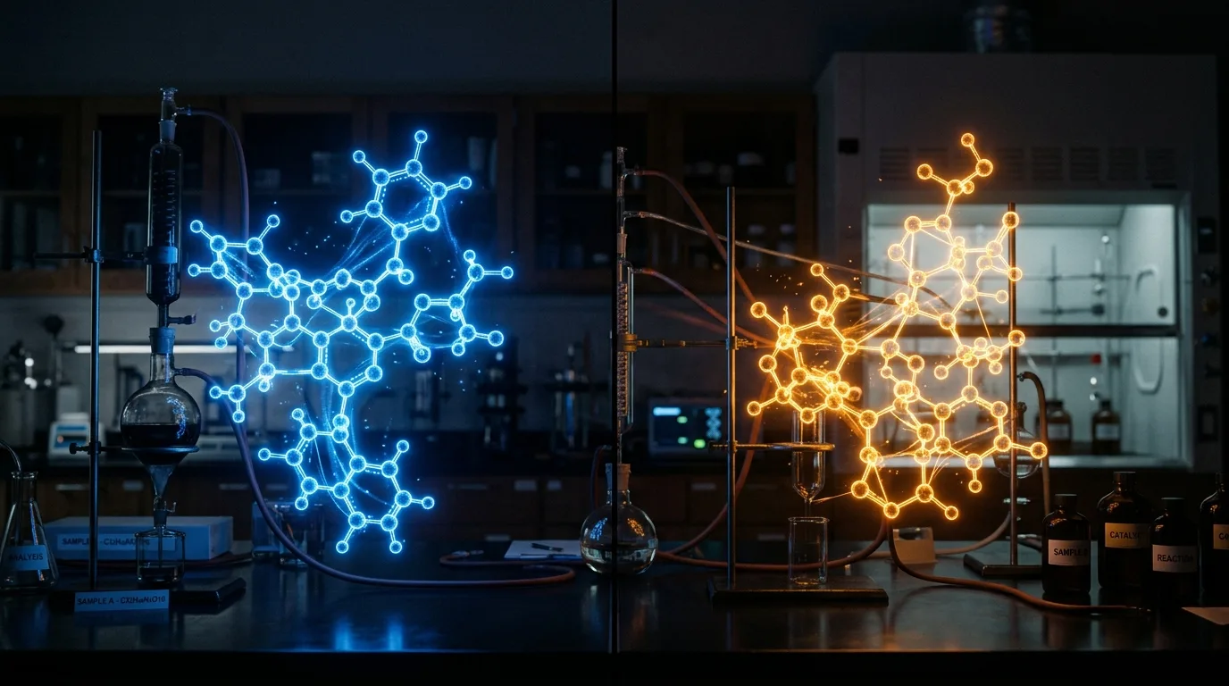 Two glowing molecular structures side by side, blue versus amber