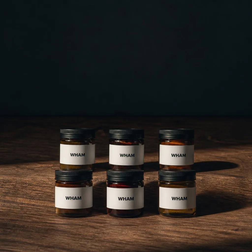 Six small sealed amber WHAM jars arranged in two rows of three on dark walnut under raking side light.
