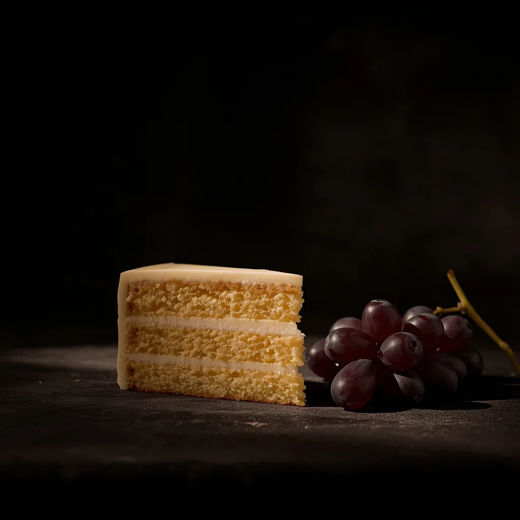 Vanilla cake and purple grapes on a dark backdrop — evoking the Wedding Crasher strain's flavor