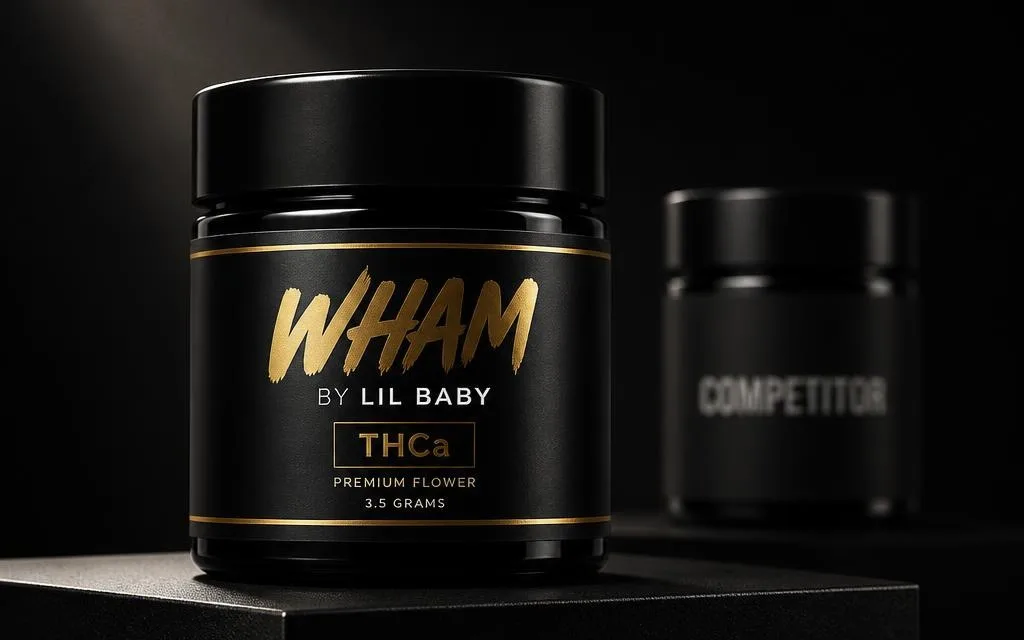Spotlit matte-black WHAM by Lil Baby THCa flower jar beside an unlabeled competitor jar in shadow