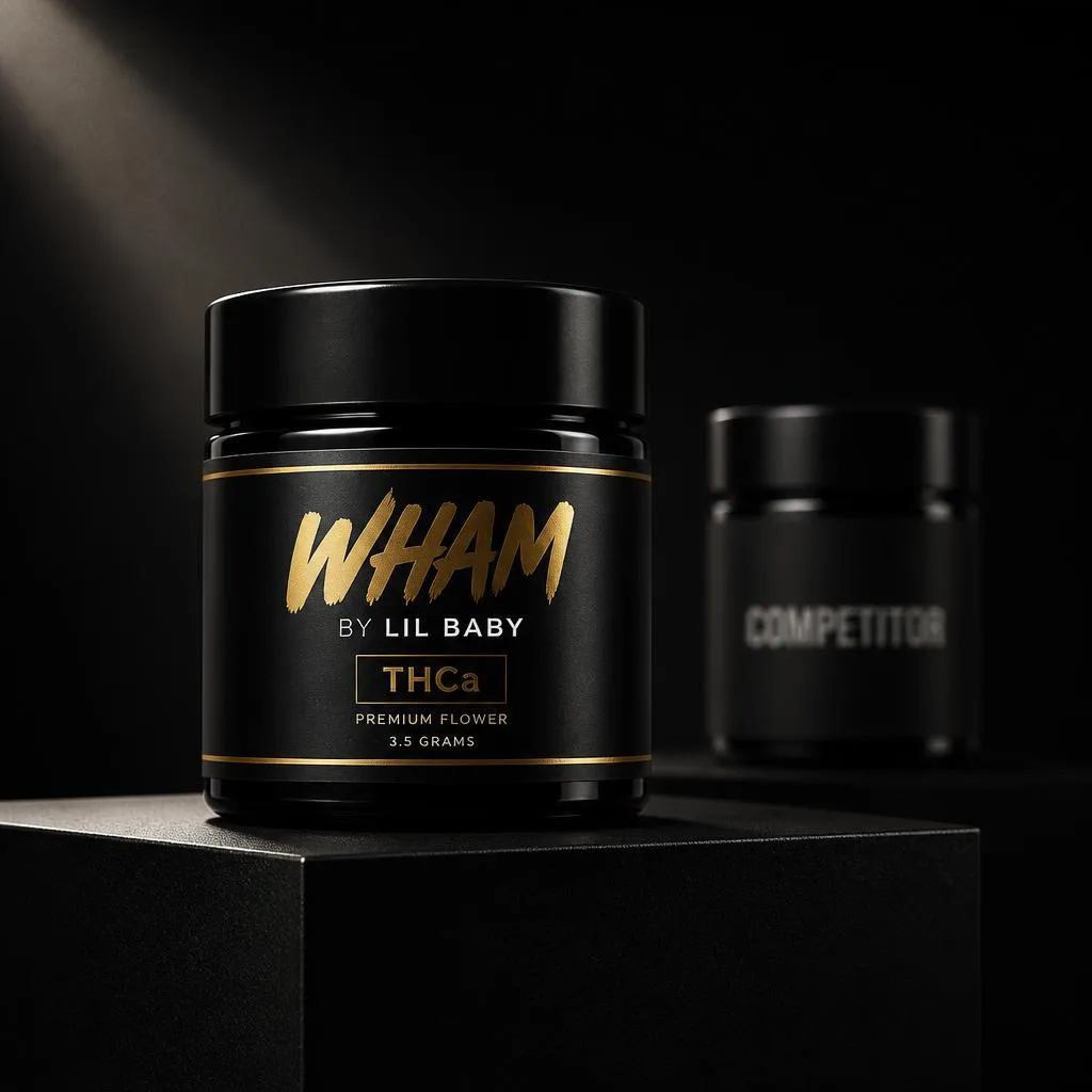 Spotlit official WHAM by Lil Baby THCa jar on a black pedestal with a blurred competitor jar behind, premium lighting