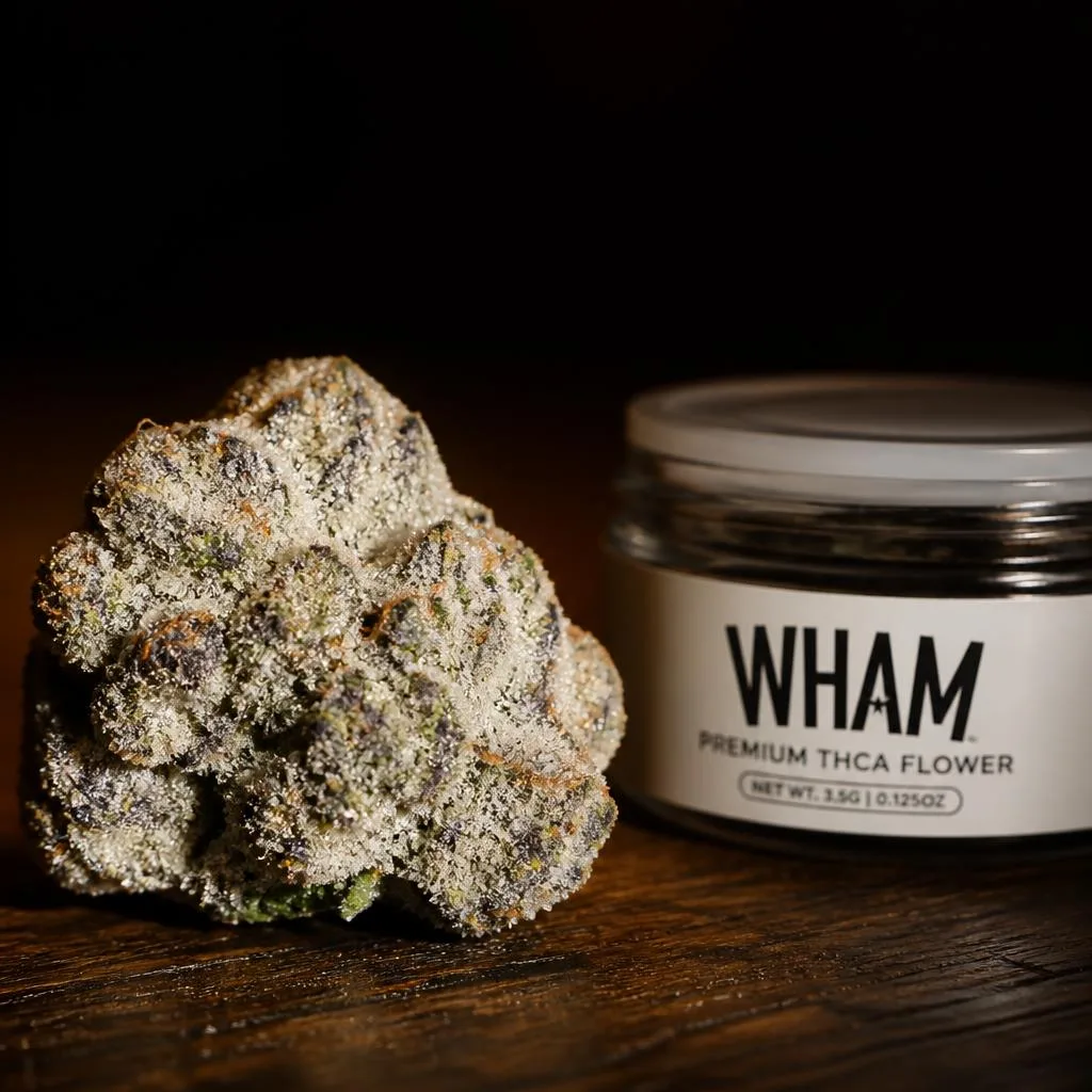 A frosty THCa snowcap nug coated in crystalline diamonds beside a WHAM jar, illustrating THCa moonrocks.