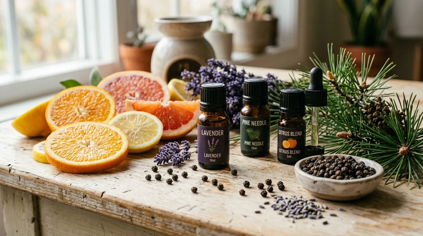 Citrus, pine, lavender and peppercorns around amber oil bottles — an aroma still life