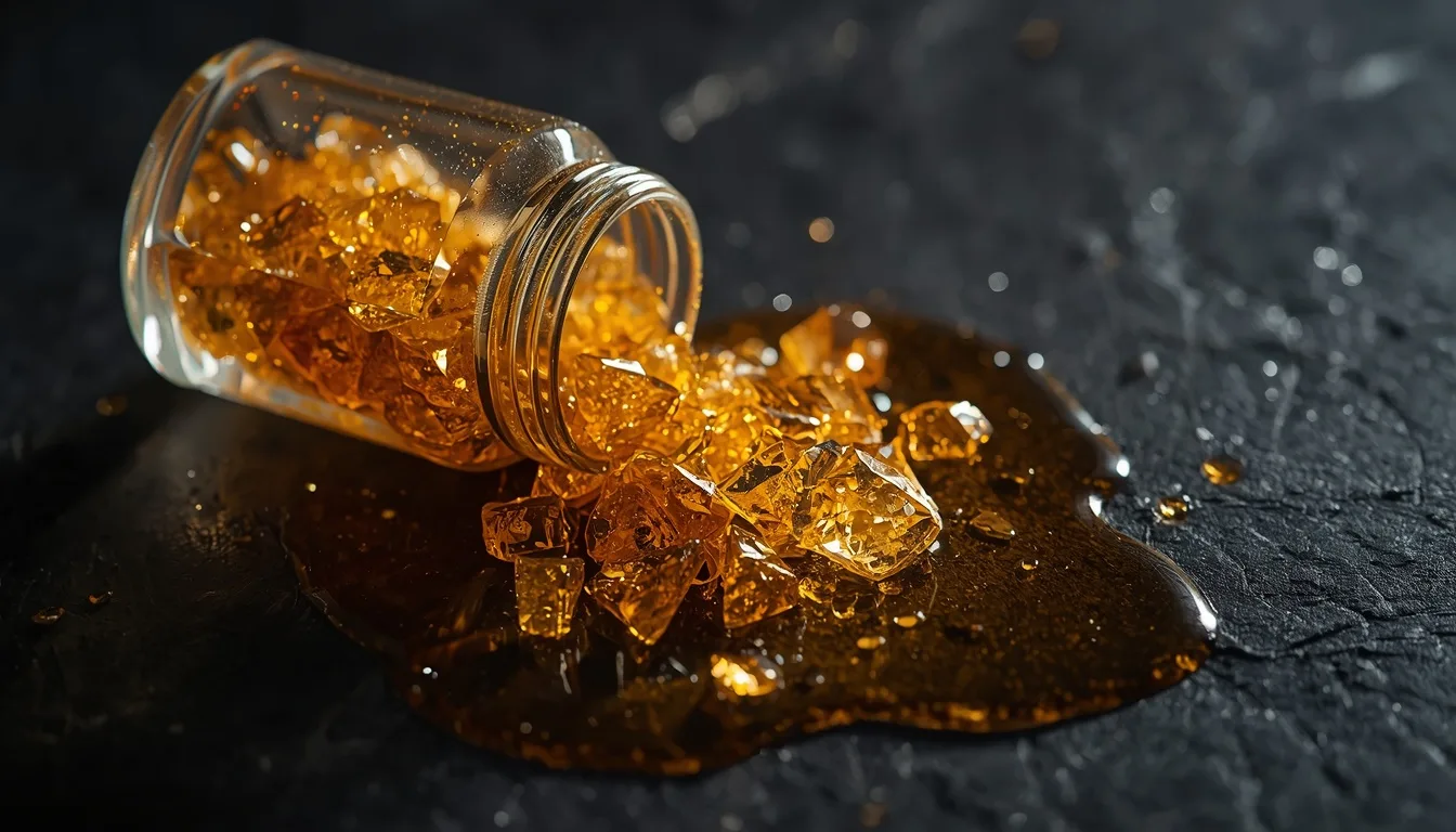 Amber crystalline THCa diamonds spilling from a jar into terpene sauce on dark slate