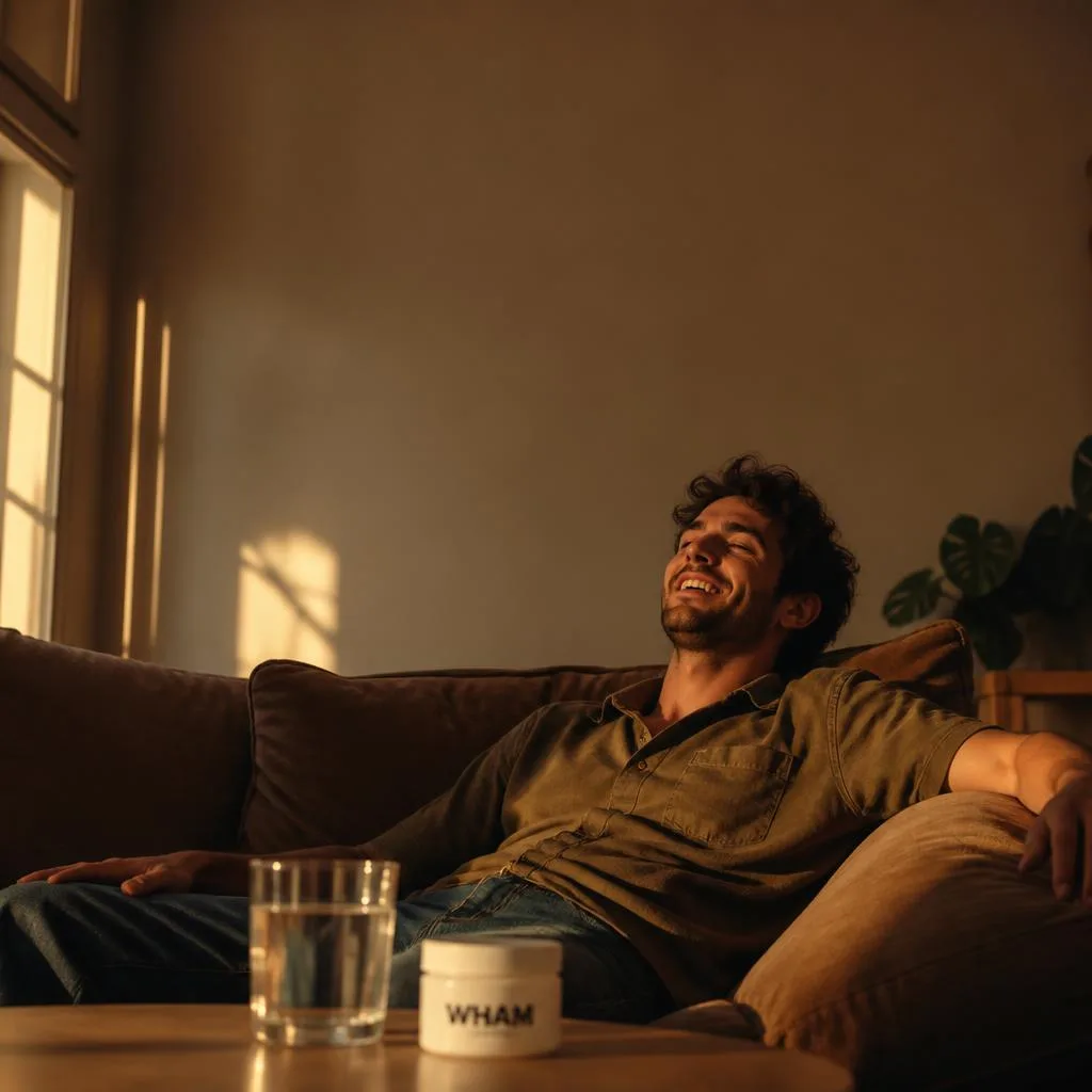 A man sunk into a deep sofa at golden hour, head tilted back and eyes half-closed, a WHAM jar and water on the table.