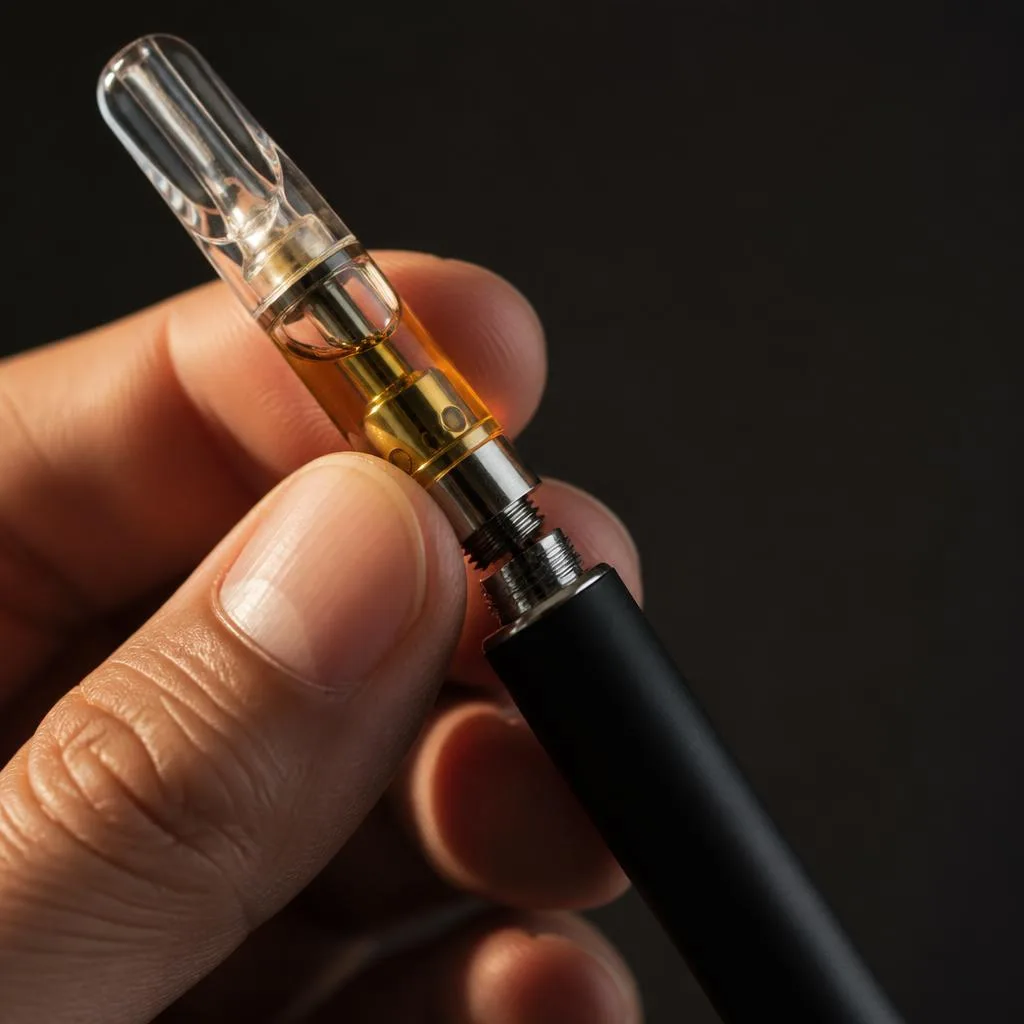 A 510 thread THCa cartridge being screwed onto a vape battery, amber oil visible inside the clear cart.