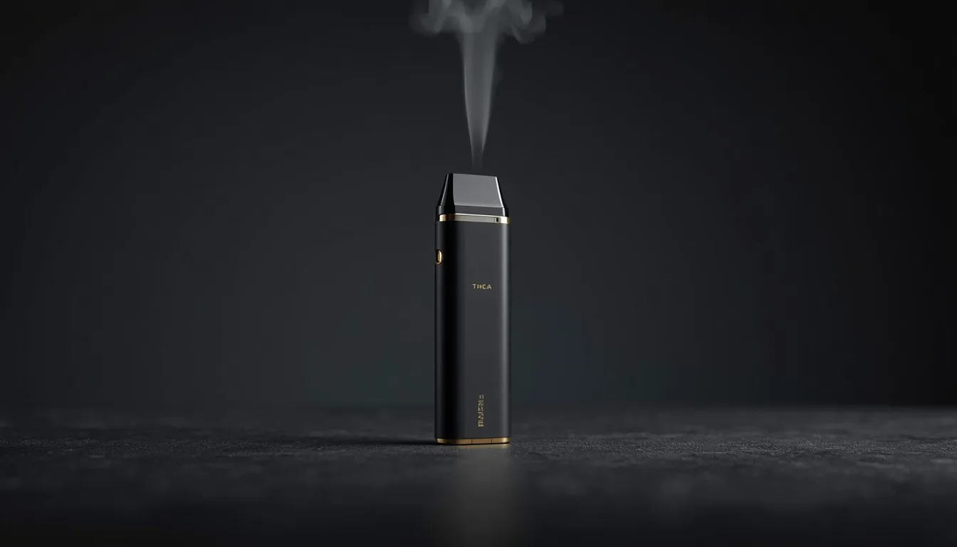 A sleek matte-black THCa disposable vape with a curl of vapor on a dark surface