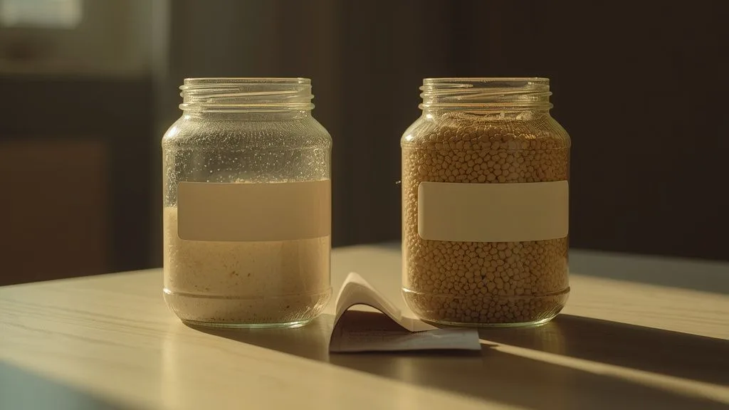 Two sealed glass jars side by side, one fresh and one aged, beside a folded cannabinoid lab report