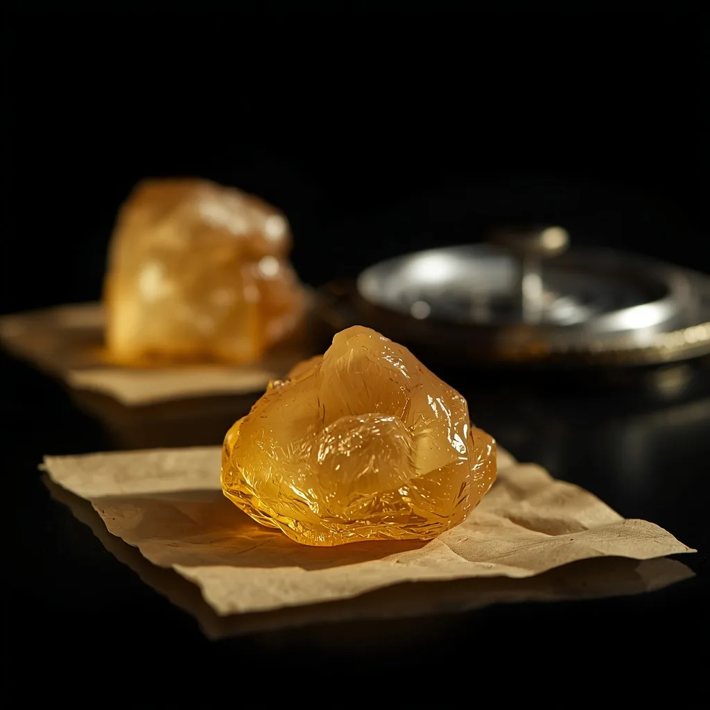 Glossy amber hash rosin badder on parchment beside a press plate, warm spotlight on black background