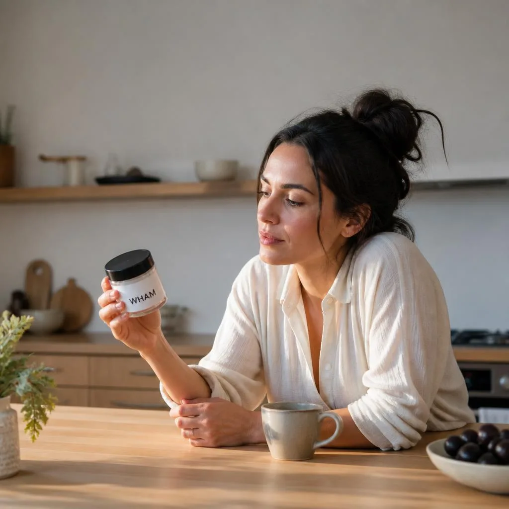A woman in her early thirties at a sunlit kitchen island, turning a sealed WHAM jar in her hand to read the label.