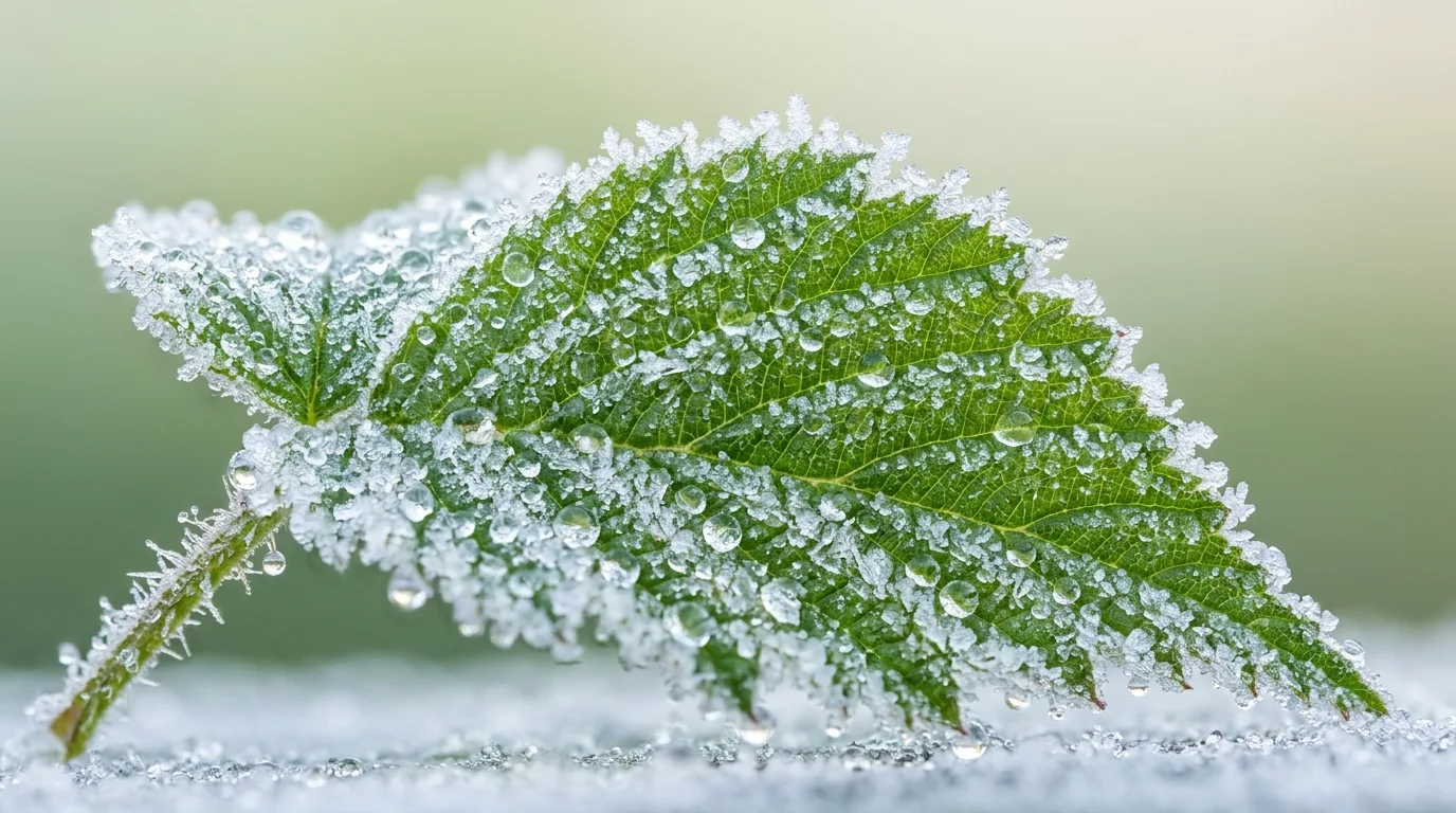 Macro of a frosted green leaf with dewdrops on a clean backdrop