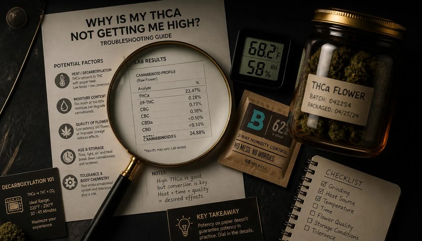 Troubleshooting flat-lay with a lab report, humidity pack and checklist — why THCa flower isn't getting you high