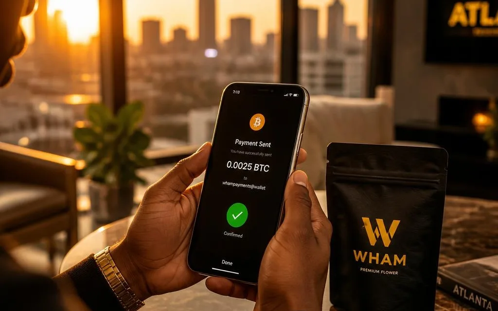 Buyer holding a phone showing a confirmed Bitcoin payment, next to a sealed WHAM pouch, Atlanta skyline at sunset