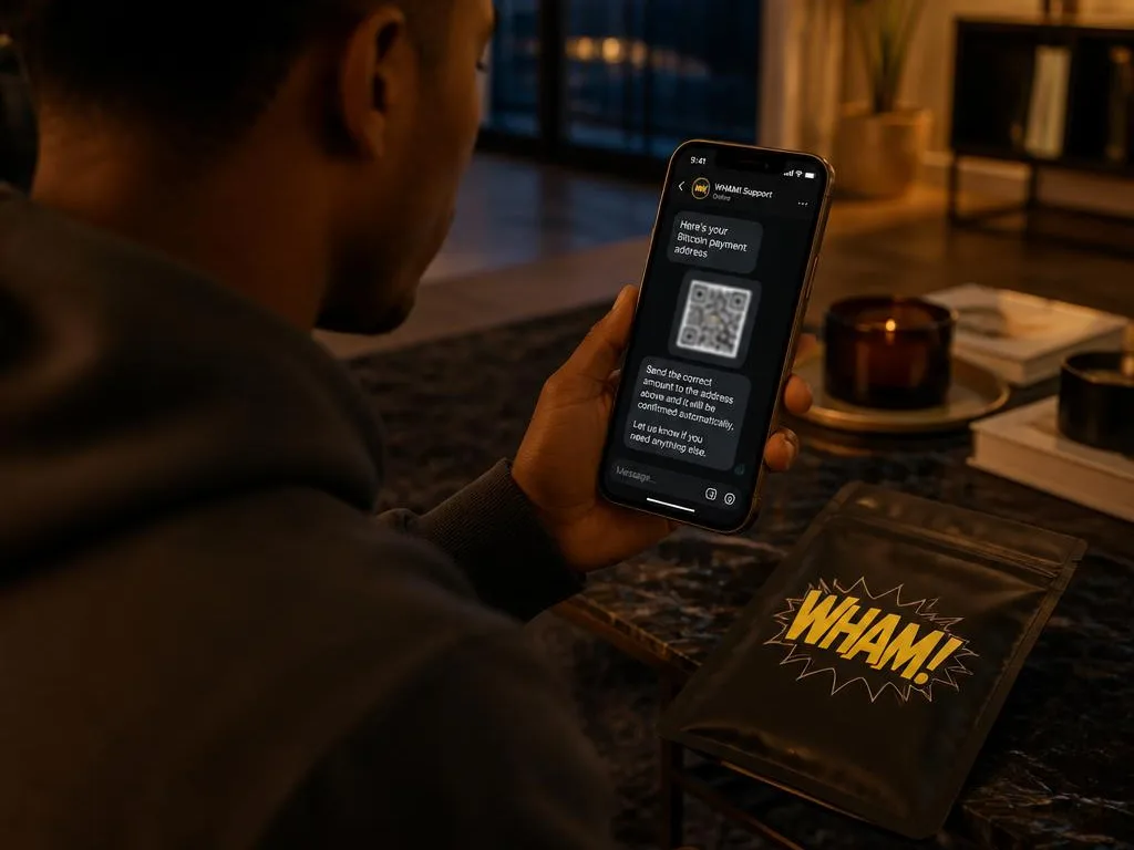 Buyer reading the Bitcoin payment address a WHAM sales rep sent in the site chat