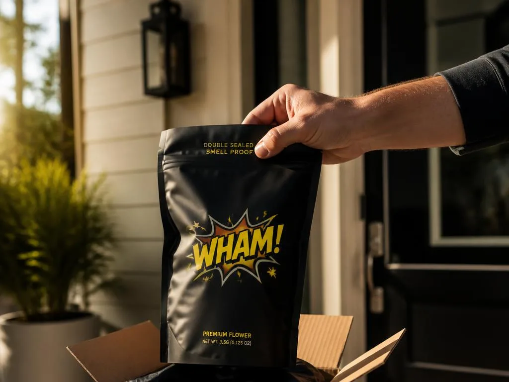 A double-sealed WHAM pouch lifted out of a plain shipping box on a front porch