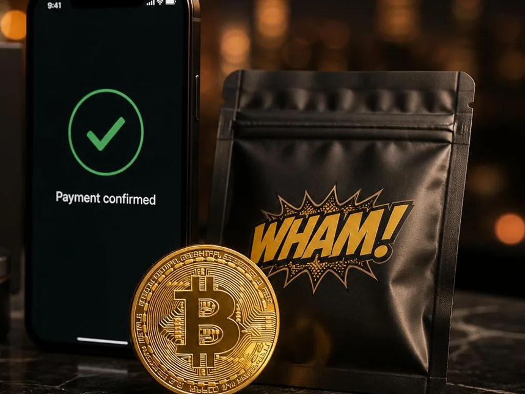 A gold Bitcoin coin and a phone showing Payment confirmed, beside a sealed WHAM pouch