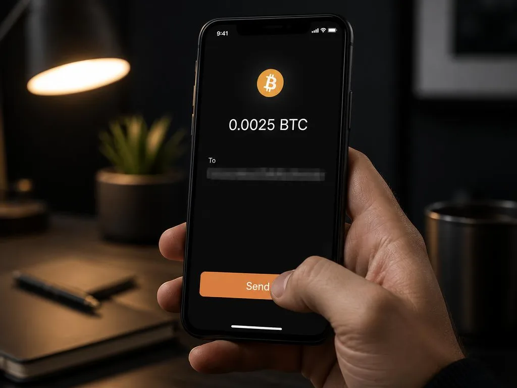 Checking the Bitcoin amount and address on a phone before tapping Send